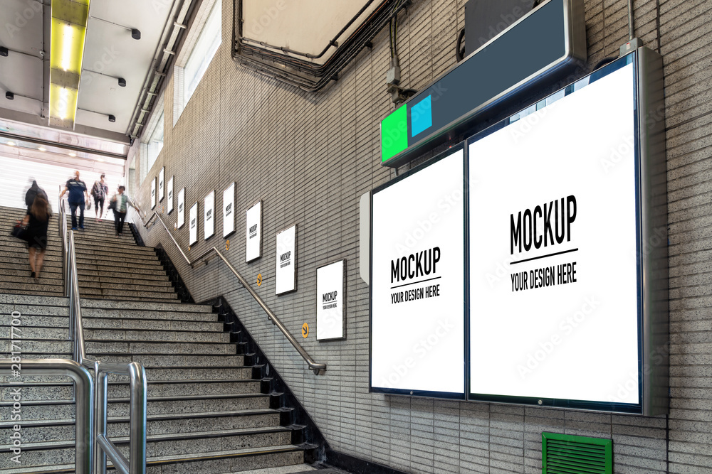 Blank billboard located in underground hall or subway for advertising, mockup concept, Low light speed shutter