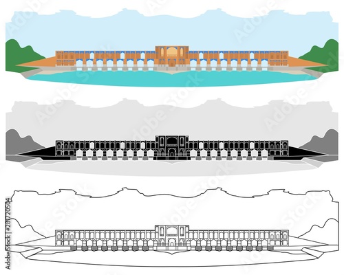 Khaju Bridge right side. Colored and outline.