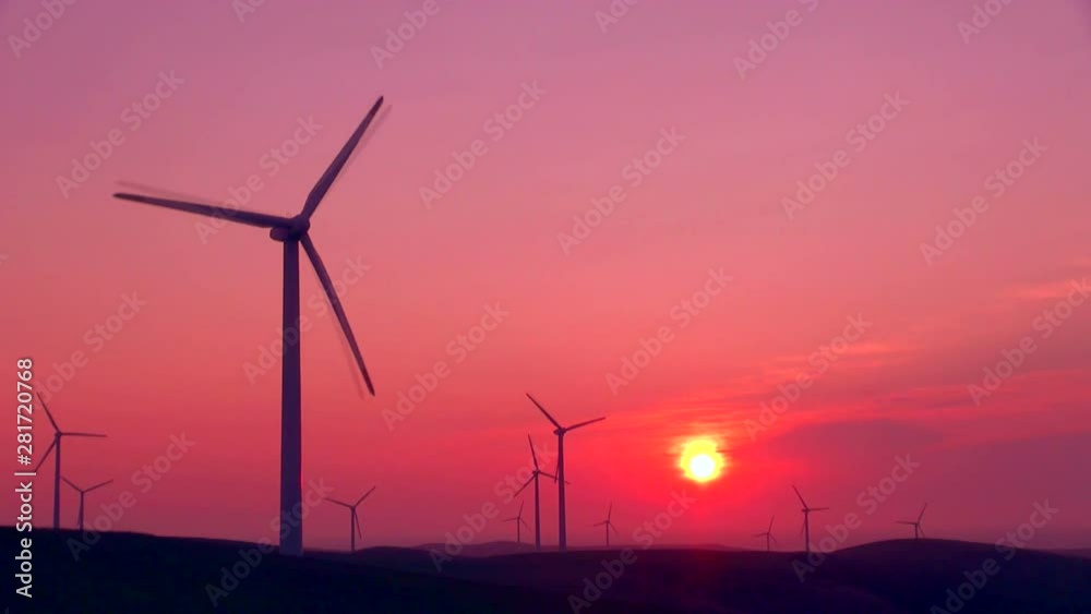 Lockdown shot of wind turbines at sunrise, Wakkanai, Hokkaido