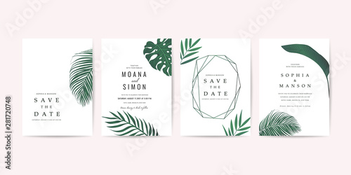 Wedding invitation,Thank You Card, rsvp, posters design collection with marble texture background,Geometric Shape,Gold and Tropical Leaves design - Vector