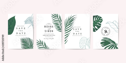 Wedding invitation,Thank You Card, rsvp, posters design collection with marble texture background,Geometric Shape,Gold and Tropical Leaves design - Vector