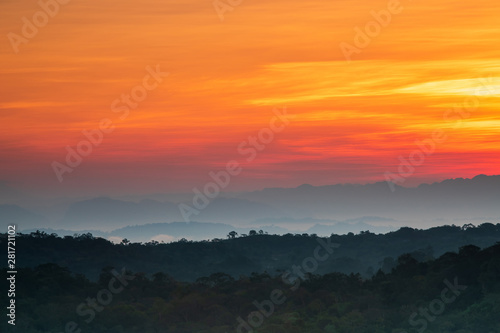 Beautiful sunrise in the Phu Lang ka national park, Nakhonphanom province, Thailand.