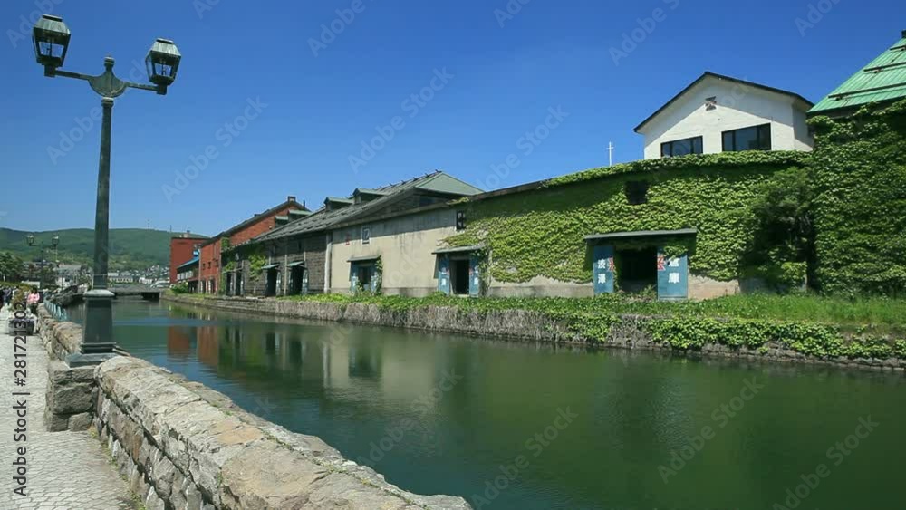 Brick warehouse over canal in Otaru, Japan
