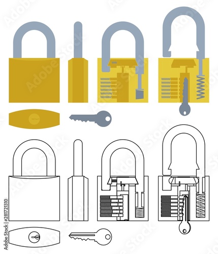 Padlock mechanism working colored and without outline