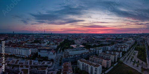 Munich city panorama at sunrise made by a drone to catch the beautiful city as a lovely panorama.