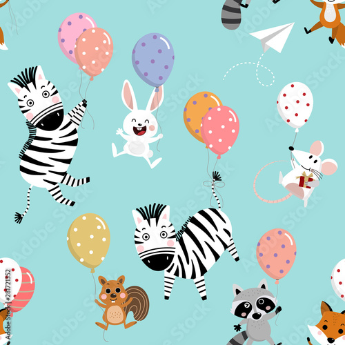 Happy mouse, rat, zebra, squirrel, raccoon, fox, rabbit and balloons seamless pattern