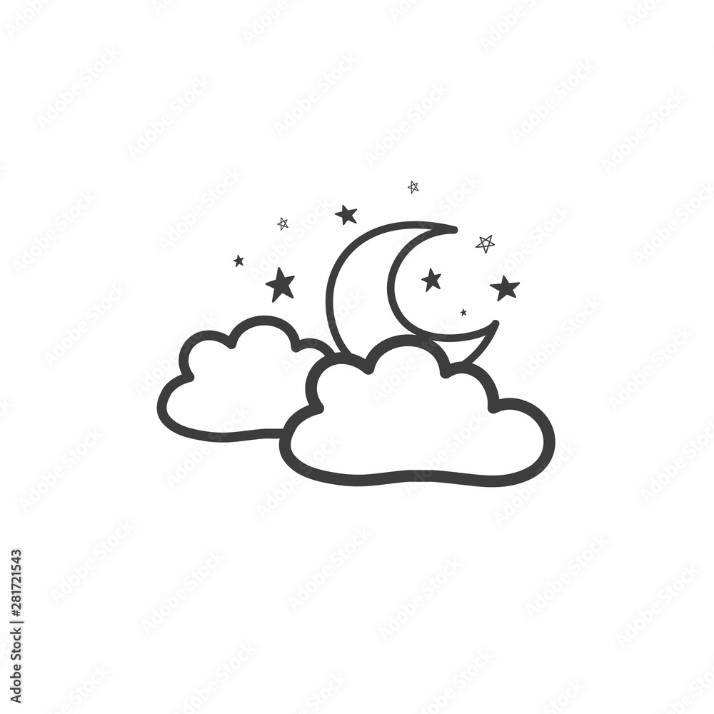 A drawing of the moon with clouds. The Weather Symbol. Vector doodle
