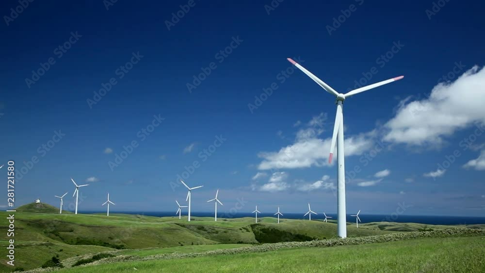 Wide shot of wind turbines in summer, Wakkanai, Hokkaido Wide shot of wind turbines in summer, Wakkanai, Hokkaido