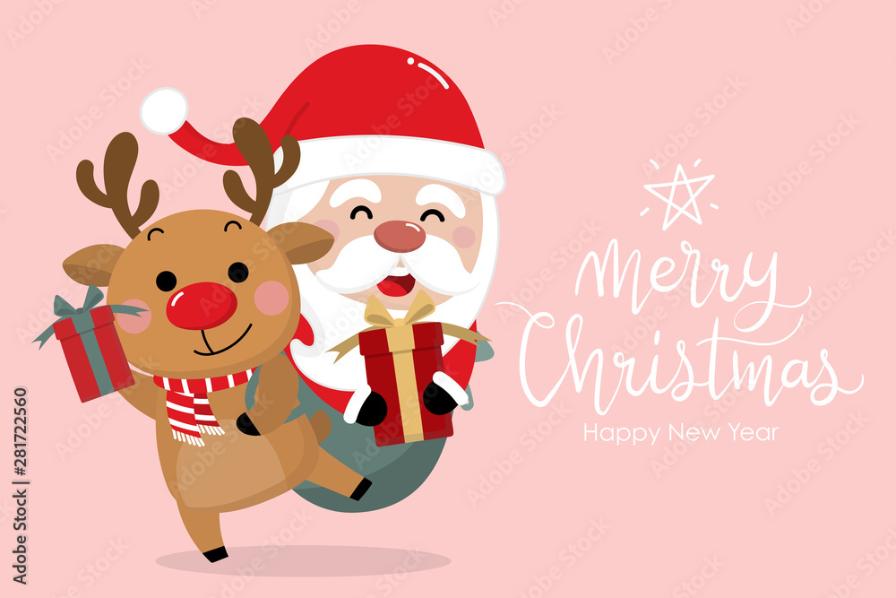 Merry Christmas and happy new year 2020 greeting card with cute Santa Claus  and deer. Holiday cartoon character in winter season. -Vector. Stock Vector  | Adobe Stock