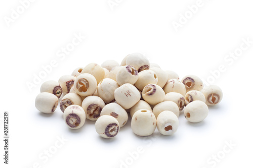 Pile of dried lotus seeds isolated on white background