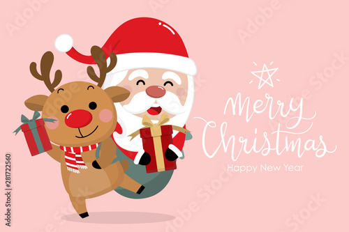 Merry Christmas and happy new year 2020 greeting card with cute Santa Claus and deer. Holiday cartoon character in winter season. -Vector.