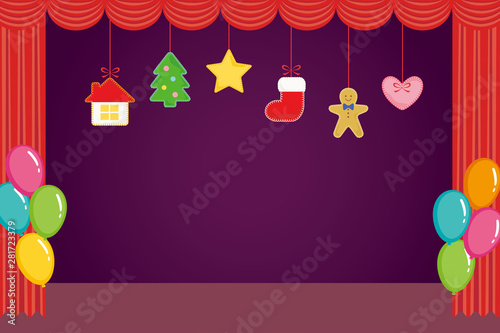 Hanging felt Christmas ornaments on stage