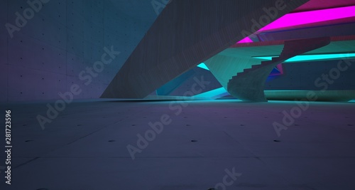 Abstract architectural concrete and wood interior of a minimalist house with color gradient neon lighting. 3D illustration and rendering.