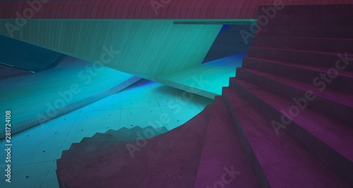 Abstract architectural concrete and wood interior of a minimalist house with color gradient neon lighting. 3D illustration and rendering.