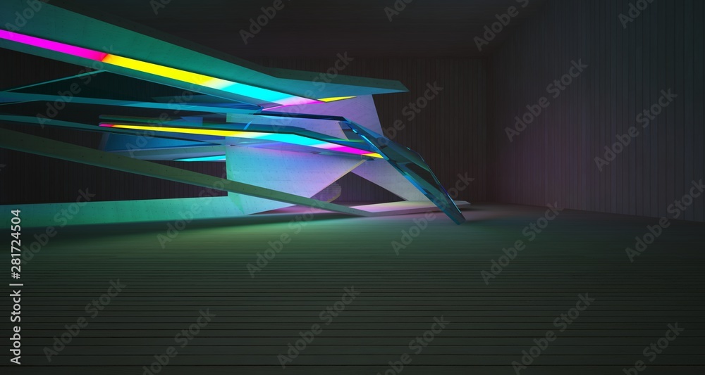 Abstract architectural concrete and wood interior of a minimalist house with color gradient neon lighting. 3D illustration and rendering. Abstract architectural concrete and wood interior of a minimalist house with color gradient neon lighting. 3D illustration and rendering.