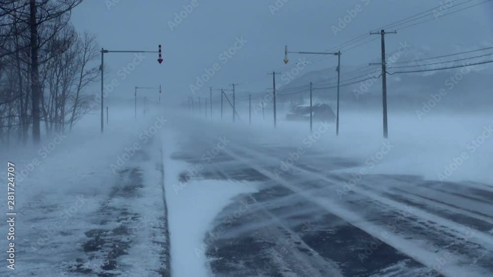 View of road during snowstorm ,Teshikaga, Hokkaido, Japan