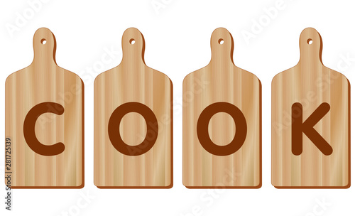 Cutting Boards, COOK text on paddle shape wood cutting boards, wood grain detail. For kitchen, barbecue and bar. Isolated on white.