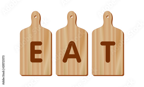 Cutting Boards, EAT text on paddle shape wood cutting boards, wood grain detail. For kitchen, barbecue and bar. Isolated on white.