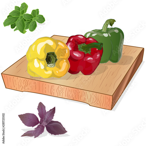 Tasty ripe bell peppers on white background. Vector illustration, separate layers per item