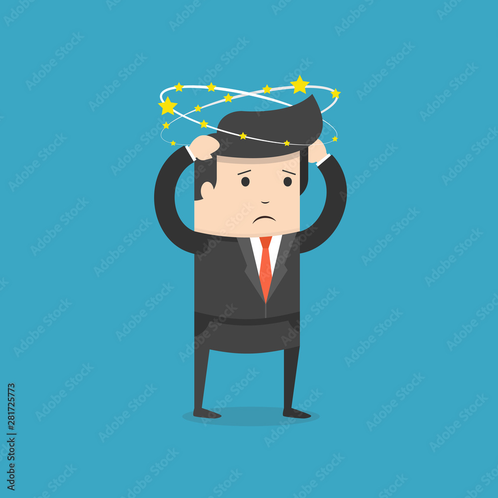 Businessman with flying stars around his head. Flat cartoon style. Vector illustration. Businessman with flying stars around his head. Flat cartoon style. Vector illustration.