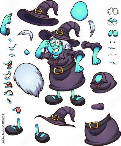 Thinking cartoon Halloween witch character with different body parts and expressions, ready for animation. Vector illustration with simple gradients. Some elements on separate layers. 