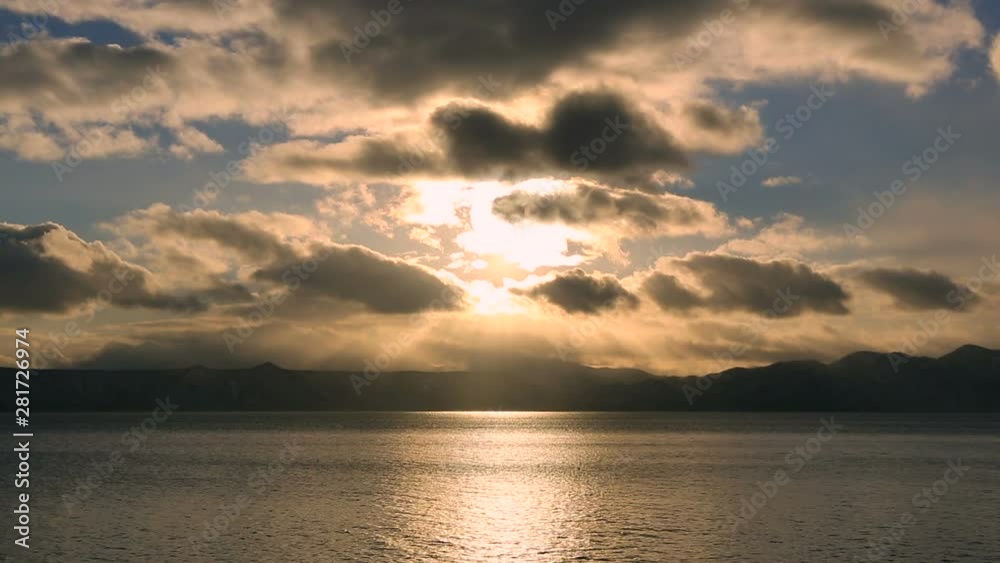 Wide shot of Lake Shikotsu at sunset, Japan Wide shot of Lake Shikotsu at sunset, Japan