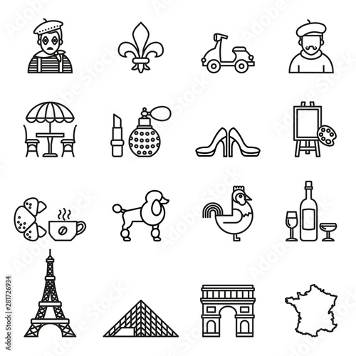 France travel icon set. Line style stock vector.