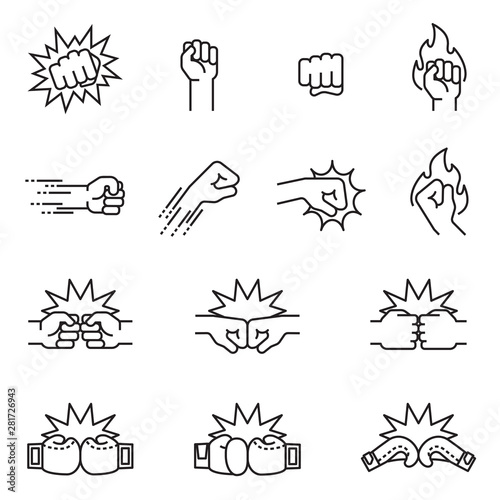 Fotomurale Fight, fist bump icon set concept. Thin line style stock vector.