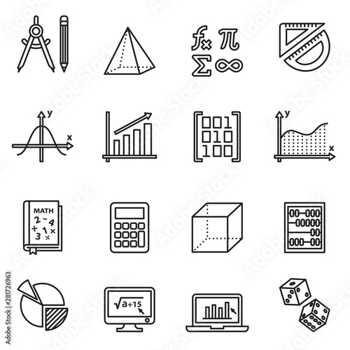 Math icon set with white background. Thin line style stock vector.