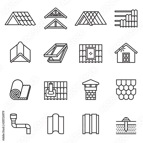 Roof, housetop construction materials, waterproofing icon set. Thin line style stock vector. photo