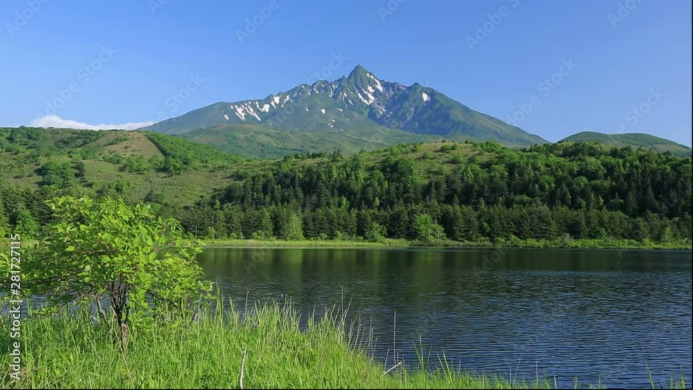 Lake with forest and mountain in background Lake with forest and mountain in background