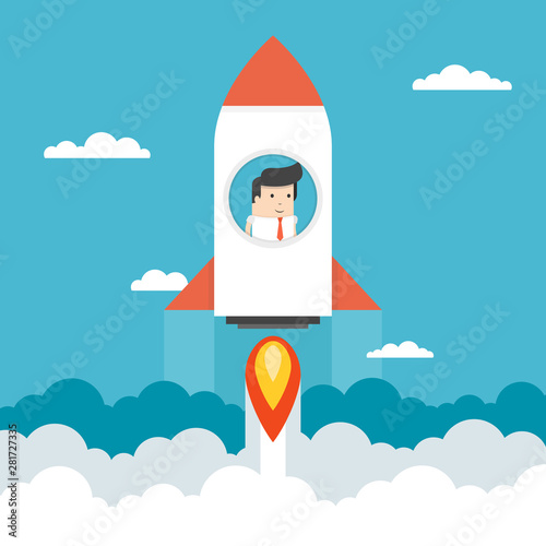 Businessman on a rocket. Startup business concept. Flat cartoon style. Vector illustration. © Art Alex