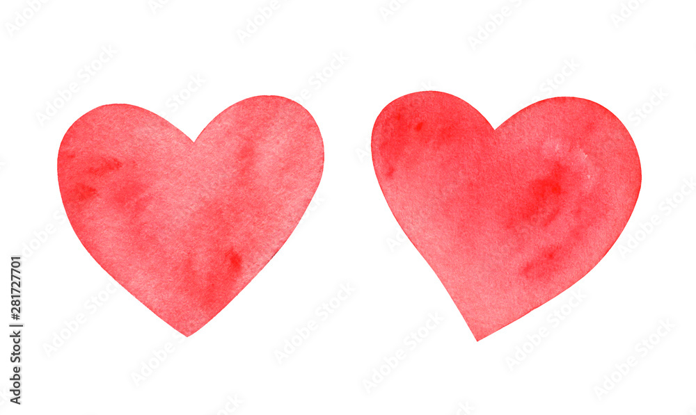 Watercolor hand painted red hearts isolated on white background