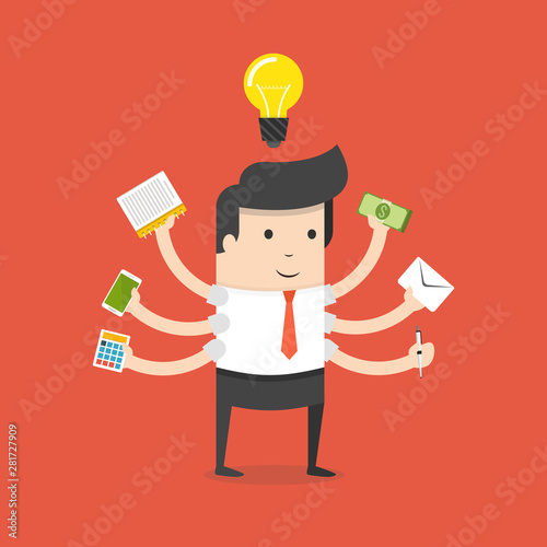 Effective competent leader, businessman or manager with many hands doing a lot of tasks. 