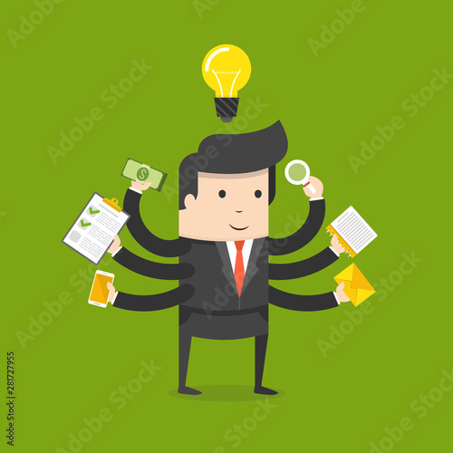 Effective competent leader, businessman or manager with many hands doing a lot of tasks. 