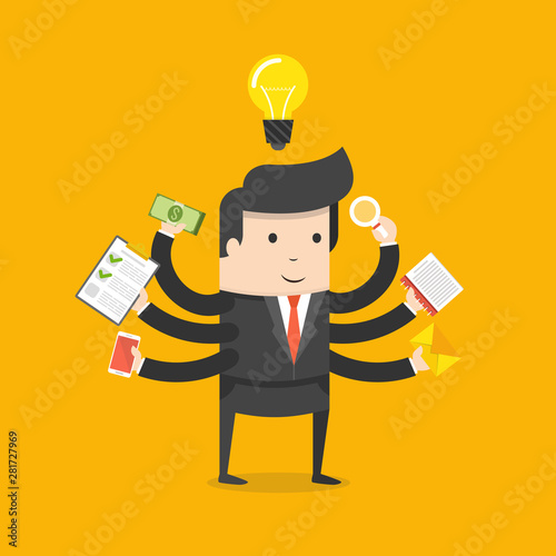 Effective competent leader, businessman or manager with many hands doing a lot of tasks. 