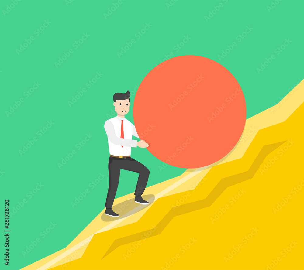 Businessman pushes up a mountain stone. Business concept. Flat cartoon style. Vector illustration. Businessman pushes up a mountain stone. Business concept. Flat cartoon style. Vector illustration.