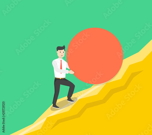 Businessman pushes up a mountain stone. Business concept. Flat cartoon style. Vector illustration.