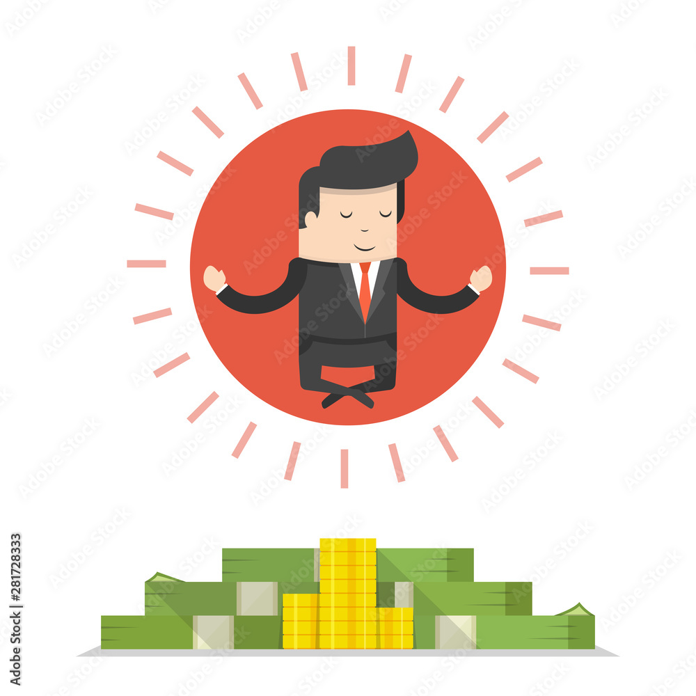 Obraz premium Businessman doing yoga and meditating on huge pile of money. Business concept. Flat cartoon style. Vector illustration.