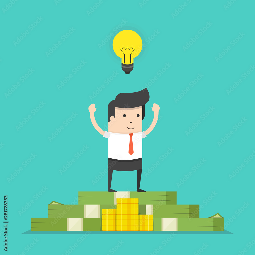 Businessman get a great idea and standing on huge pile of money. Business idea concept. Flat cartoon style. Vector illustration.