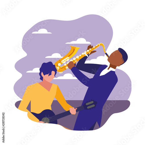 two male musicians musical instruments