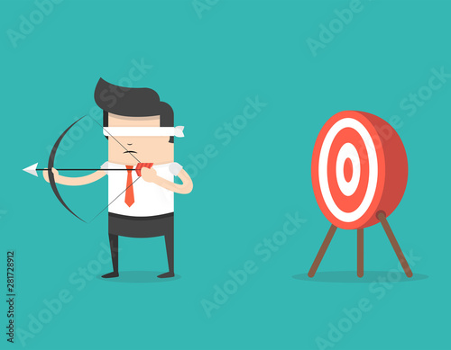 Blindfold businessman holding bow and arrow look for target in wrong direction. Business concept. Flat cartoon style. Vector illustration.