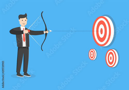 Successful businessman aiming target with bow and arrow. Business concept. Flat cartoon style. Vector illustration.