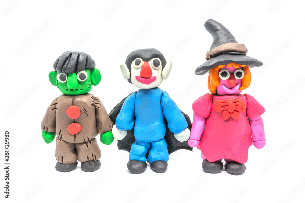 Play dough Dracula and Witch and Monster on white background. Handmade clay plasticine Play dough Dracula and Witch and Monster on white background. Handmade clay plasticine
