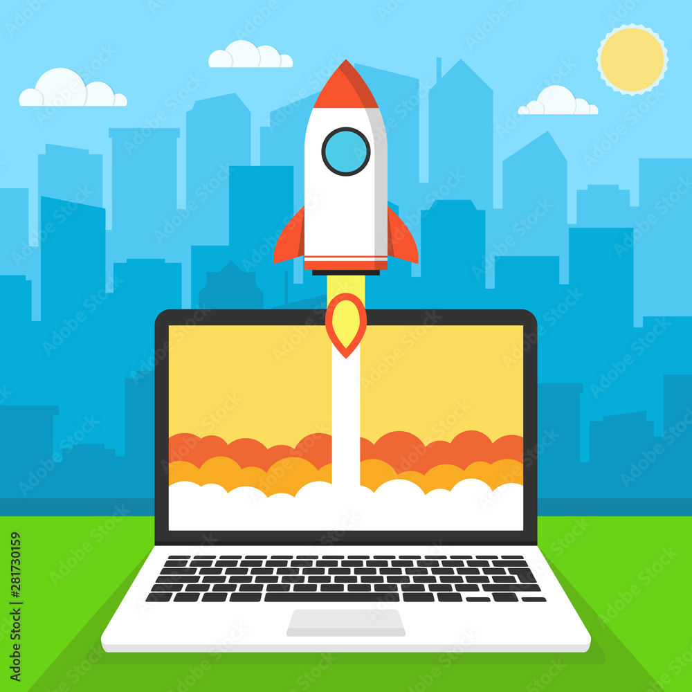 Successful startup business concept. Flat vector illustration with rocket launch and cloud, sun, city skyscrapers and laptop on the background. A Successful startup business concept. Flat vector illustration with rocket launch and cloud, sun, city skyscrapers and laptop on the background. A