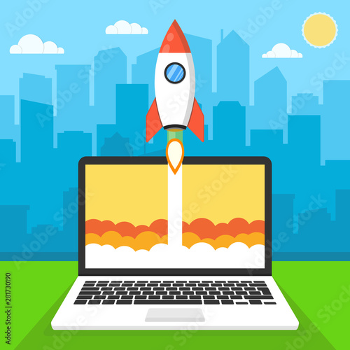 Successful startup business concept. Flat vector illustration with rocket launch and cloud, sun, city skyscrapers and laptop on the background. A © Art Alex