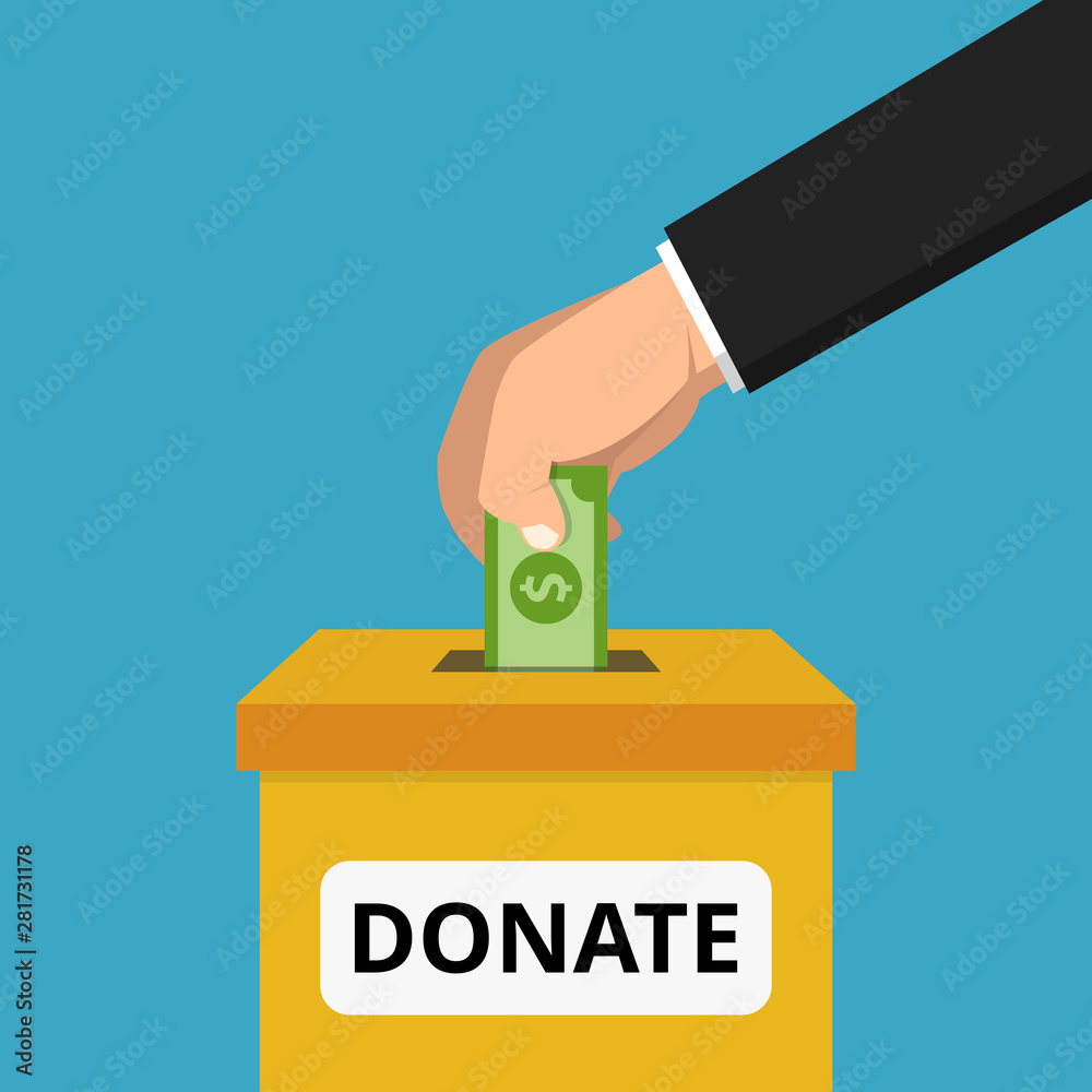 Hand putting money bill in to the donation box. Donation concept. Flat Vector illustration. Hand putting money bill in to the donation box. Donation concept. Flat Vector illustration.
