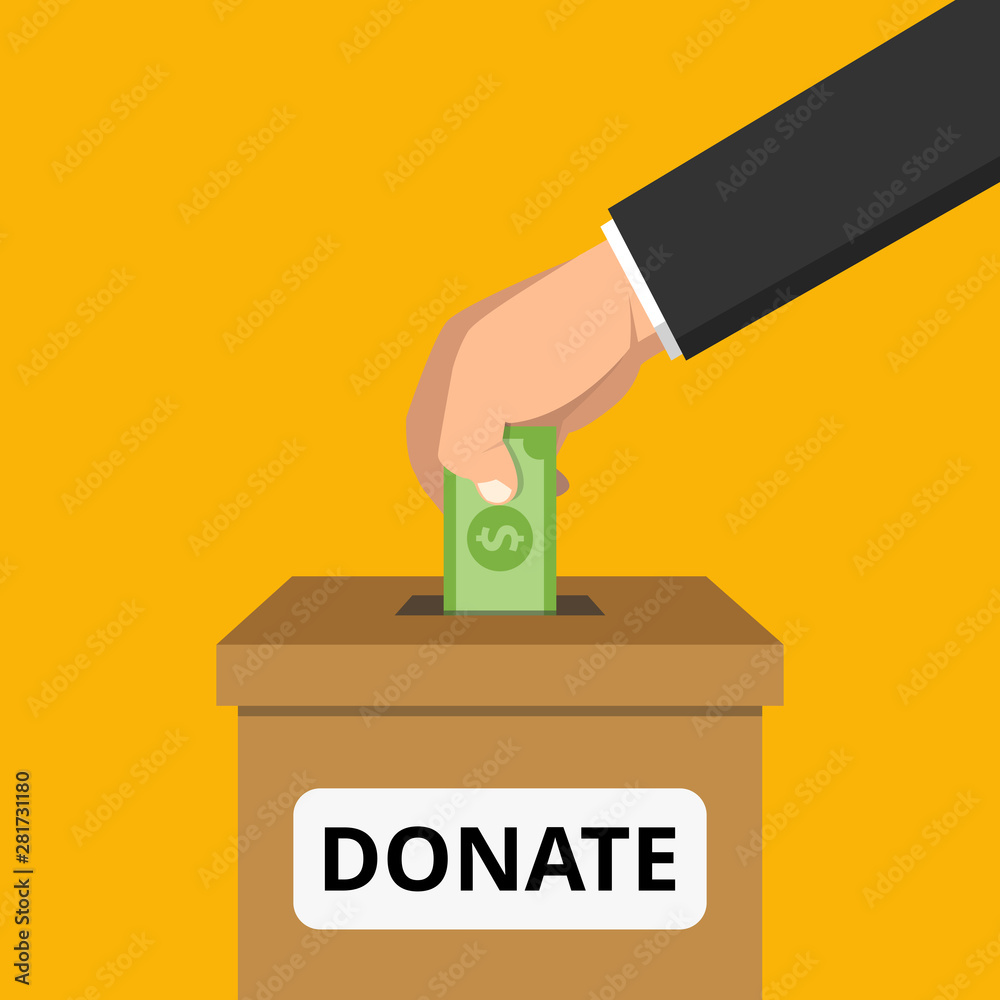 Hand putting money bill in to the donation box. Donation concept. Flat Vector illustration. Hand putting money bill in to the donation box. Donation concept. Flat Vector illustration.