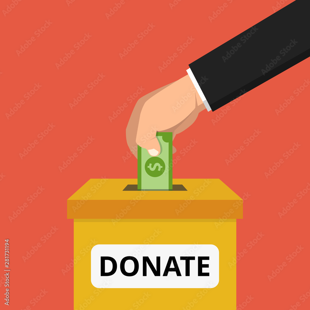 Hand putting money bill in to the donation box. Donation concept. Flat Vector illustration. Hand putting money bill in to the donation box. Donation concept. Flat Vector illustration.