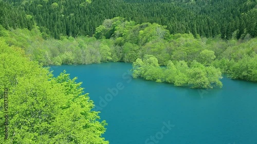 High angle view of Lake Basho and lush green forest, Japan photo